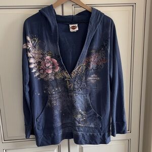 Harley-Davidson Blue Hoodie with Pink Floral Design